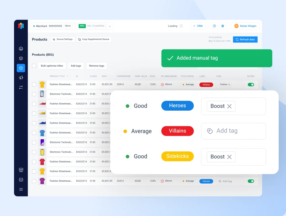 De Labelizer van Channable: producten automatisch ingedeeld als heroes, sidekicks en villains, met eigen tags zoals Boost